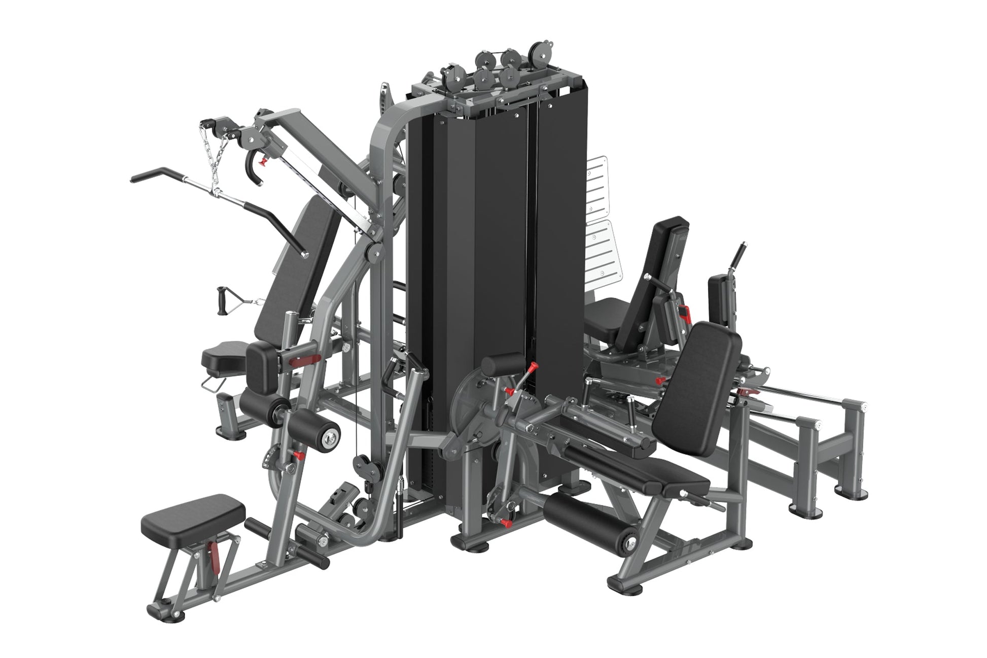 Multi-station gym equipment with gray metal frame and black padding, featuring weight stack, leg press, cable machine, and mu