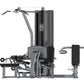 Black and gray multi-station gym equipment with upper body exercise attachments and leg press station on white background