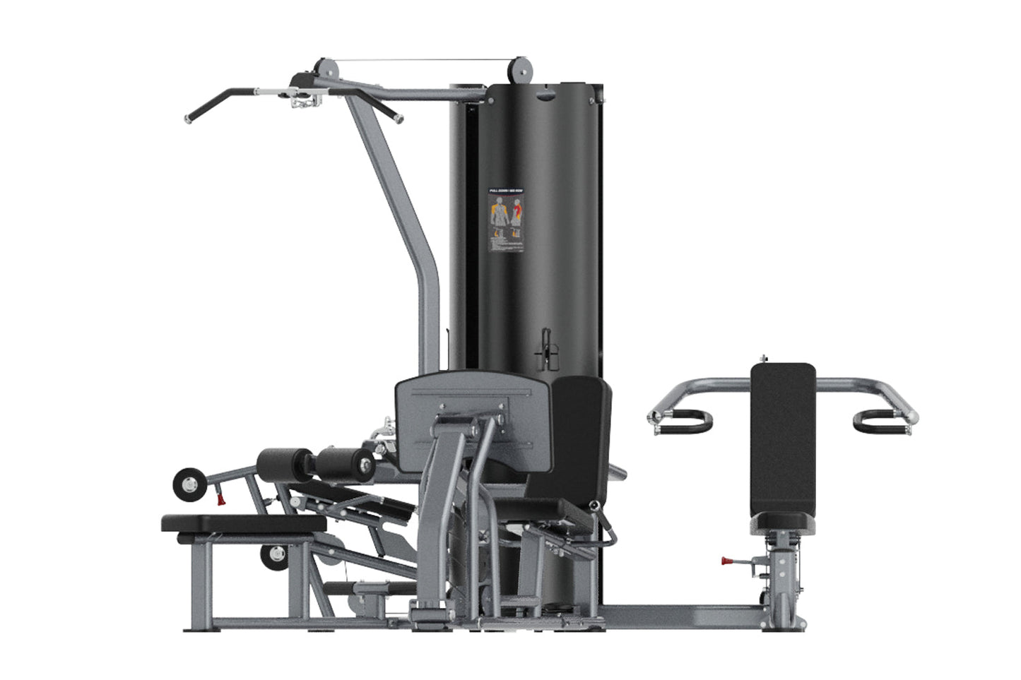 Black and gray multi-station gym equipment with upper body exercise attachments and leg press station on white background