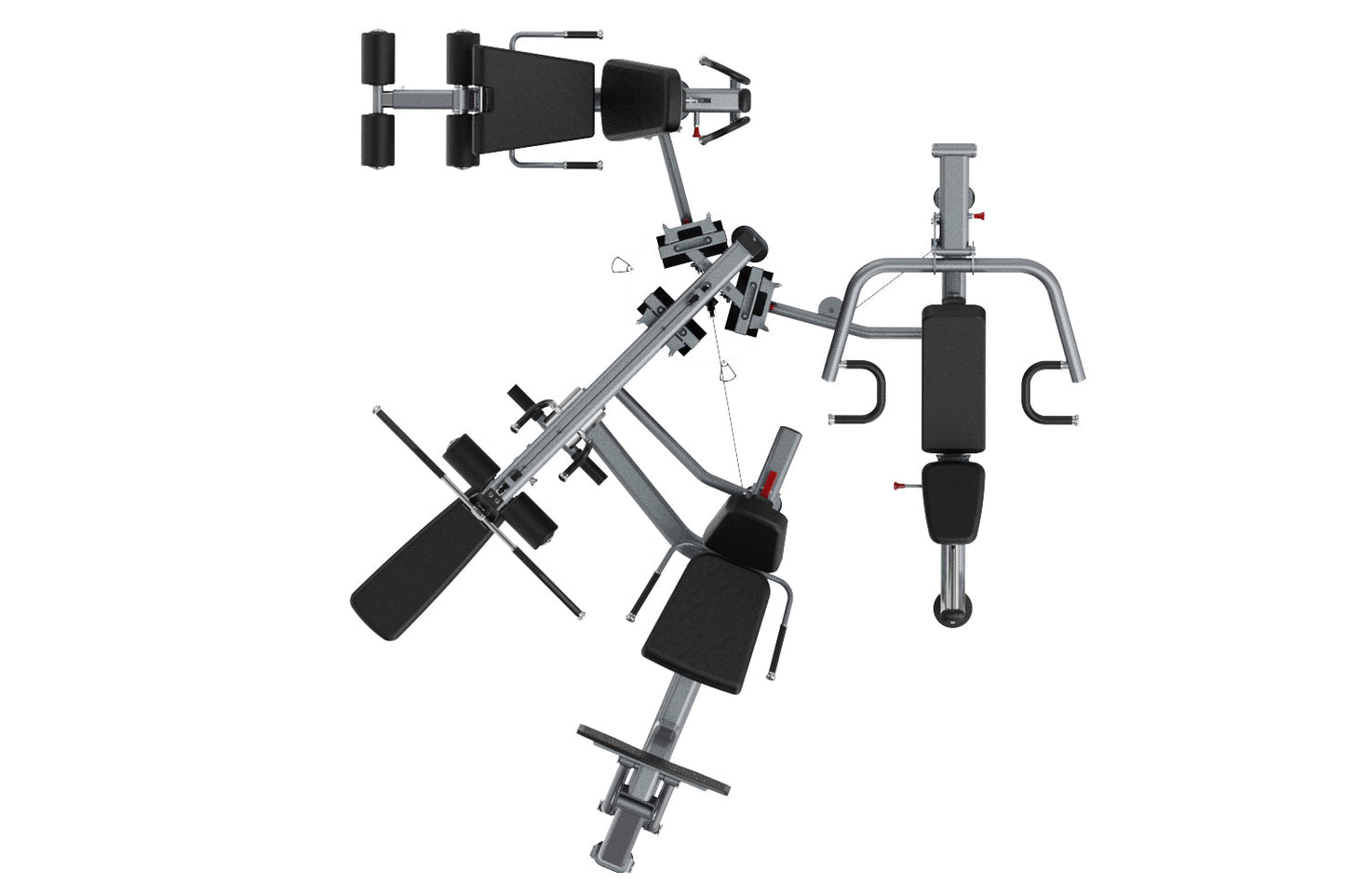Warrior Deluxe Commercial Series multi-station gym with gray steel frame, black padded seats and handles, flat lay view on wh