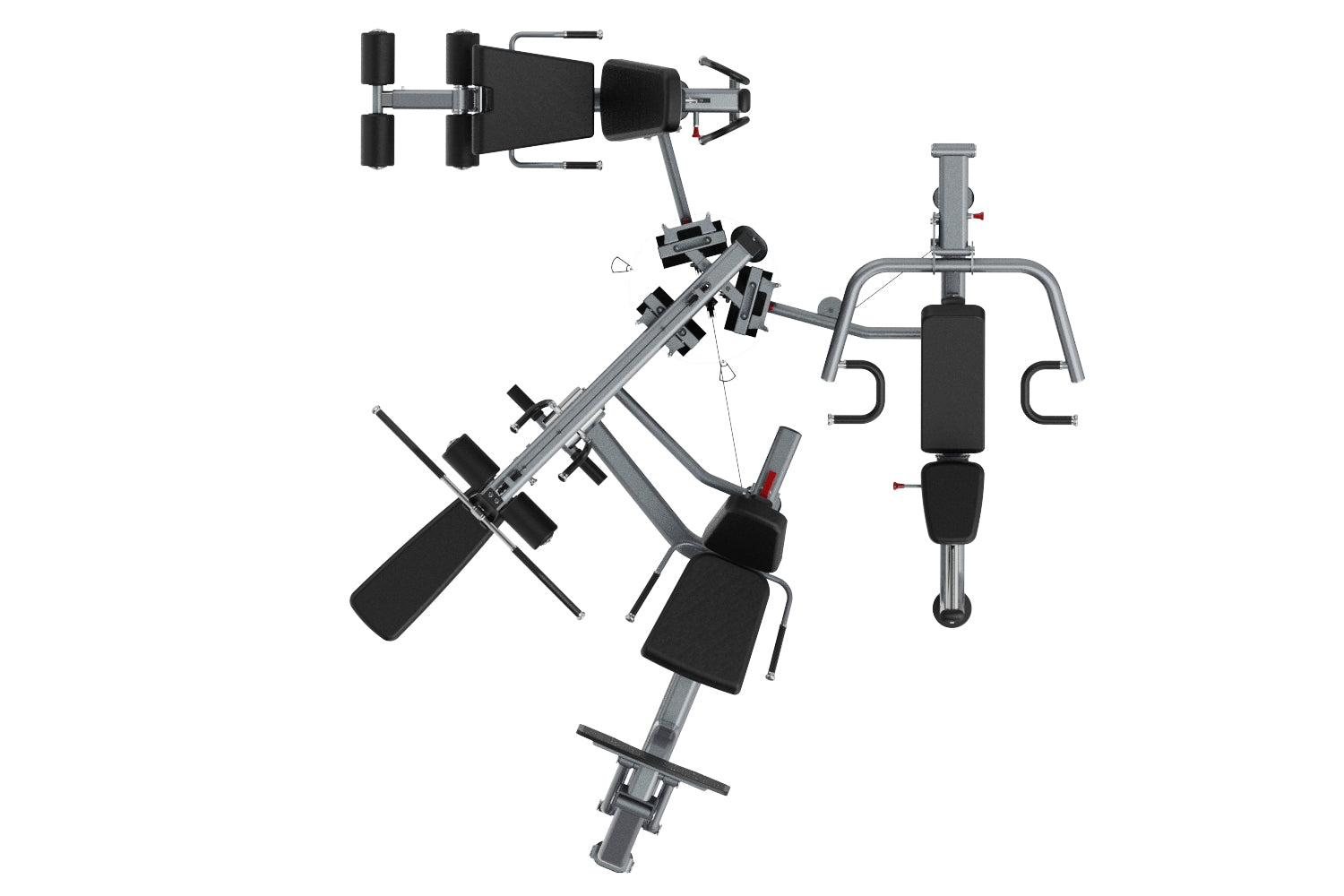 Warrior Deluxe Commercial Series multi-station gym with gray steel frame, black padded seats and handles, flat lay view on wh