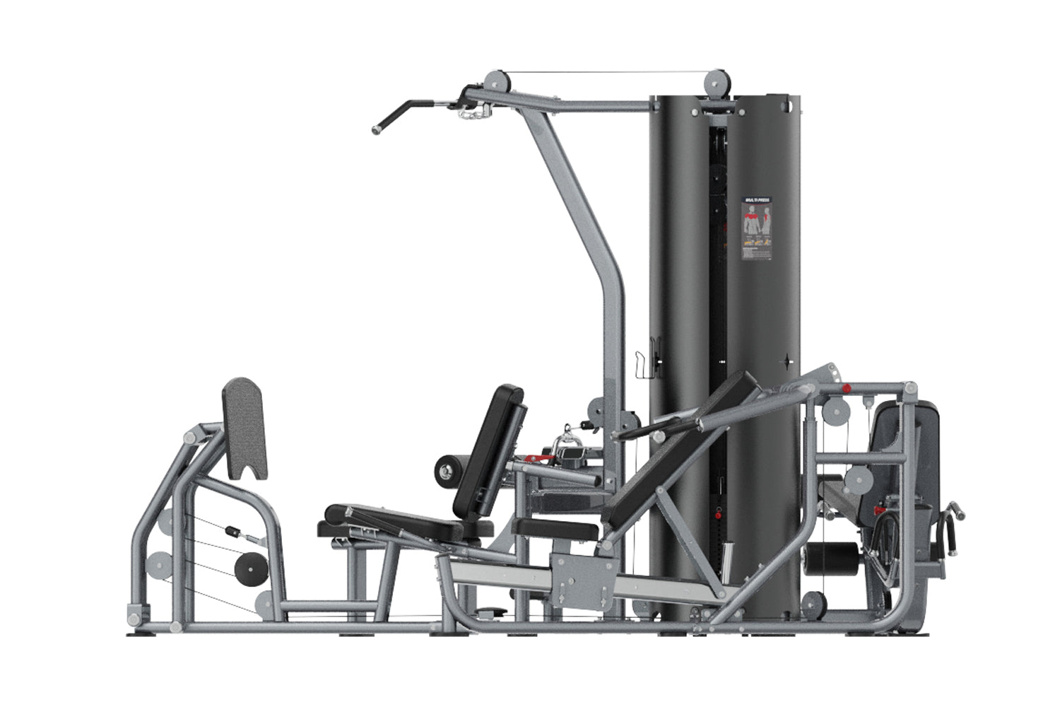 Warrior Deluxe Commercial Series multi-station gym with gray steel frame, black padded seats, and dual weight stacks on white