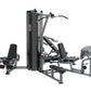 Black and gray multi-station home gym with leg press, chest press, and leg extension equipment on white background