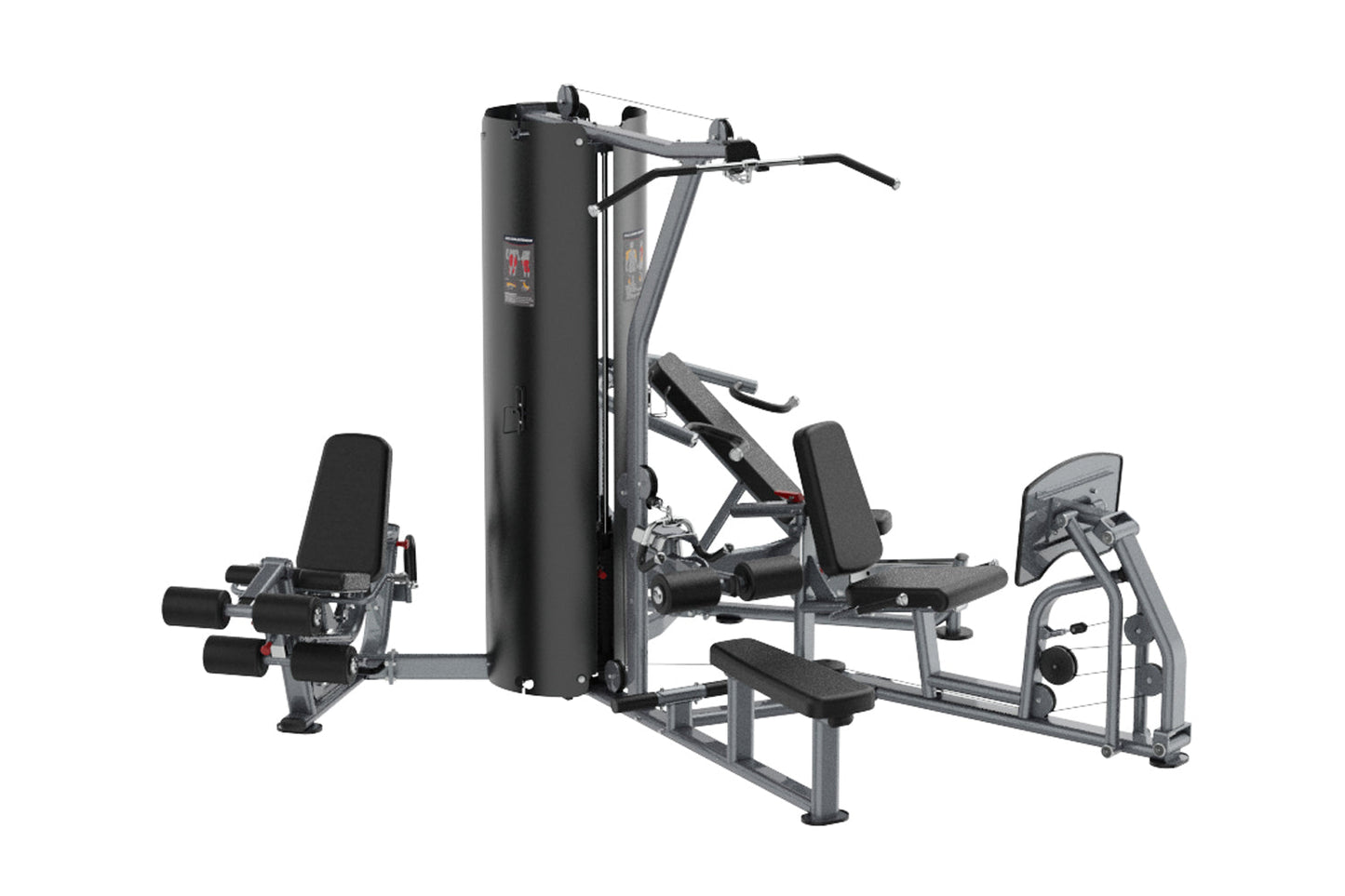 Black and gray multi-station home gym with leg press, chest press, and leg extension equipment on white background
