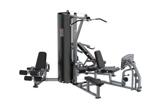 Black and gray multi-station home gym with leg press, chest press, and leg extension equipment on white background