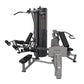 Insight brand black and gray multi-station gym machine with leg press, chest press, and leg extension attachments on white ba