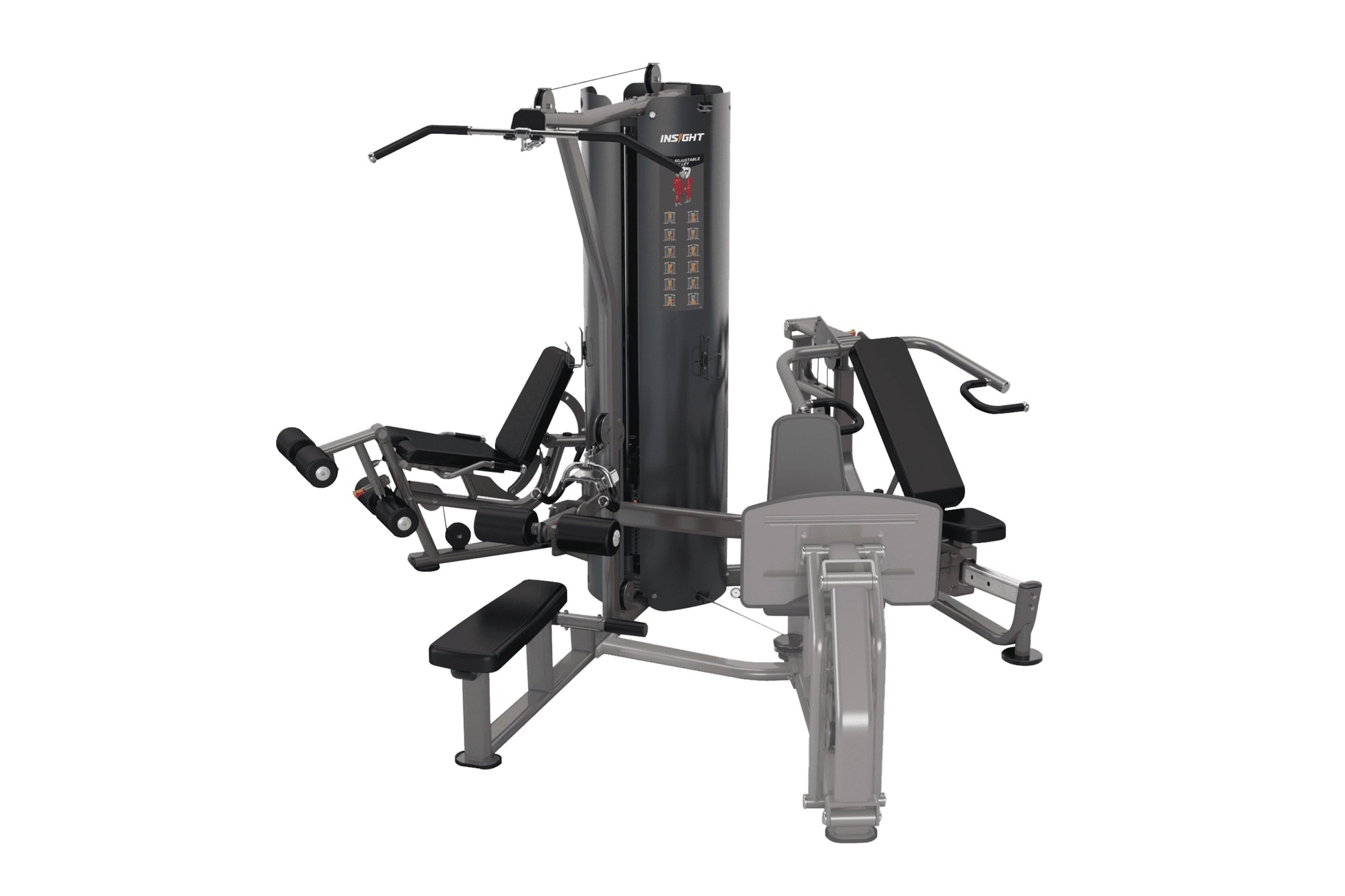 Insight brand black and gray multi-station gym machine with leg press, chest press, and leg extension attachments on white ba