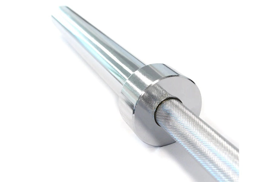 Chrome Olympic barbell with knurled grip and rotating sleeves on white background