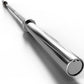 Polished chrome Olympic barbell with black collar sleeves and rotating sleeve ends on white background