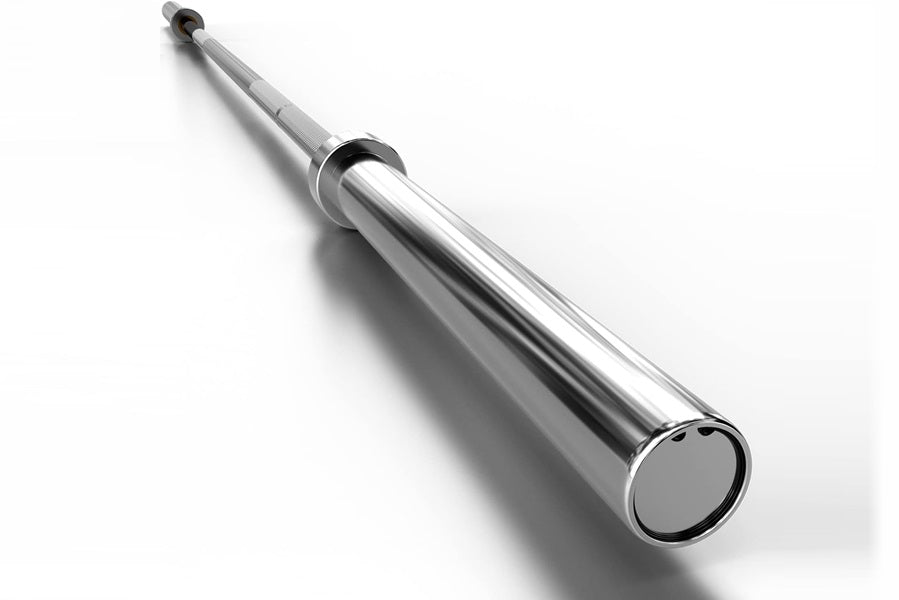 Polished chrome Olympic barbell with black collar sleeves and rotating sleeve ends on white background