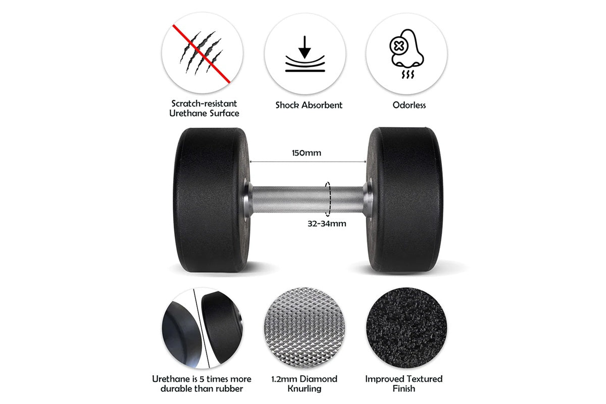 Warrior Elite Urethane Pro-Style Dumbbell with black urethane weight plates and chrome handle, showing scratch-resistant surf