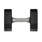 Pair of black urethane dumbbells with gray grip handle and metal collars on white background