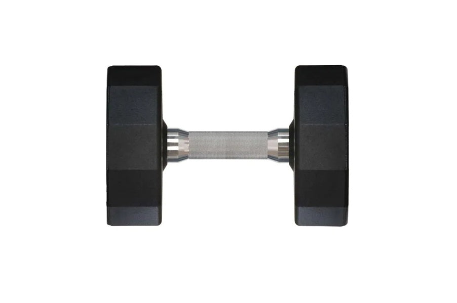 Pair of black urethane dumbbells with gray grip handle and metal collars on white background