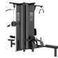 Black and gray four-stack multi-station gym equipment with instruction placards, cable pulleys, leg press, and weight plates 
