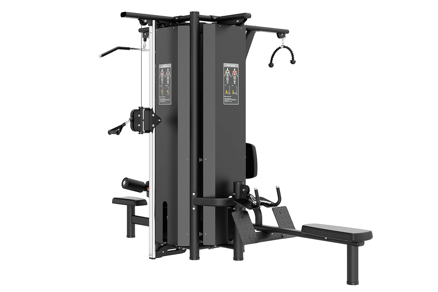 Black and gray four-stack multi-station gym equipment with instruction placards, cable pulleys, leg press, and weight plates 