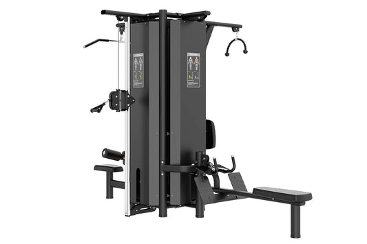 Black and gray four-stack multi-station gym equipment with instruction placards, cable pulleys, leg press, and weight plates 