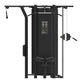 Black multi-station gym equipment with cable and pulley system, instruction diagram, and adjustable weight stack on white bac