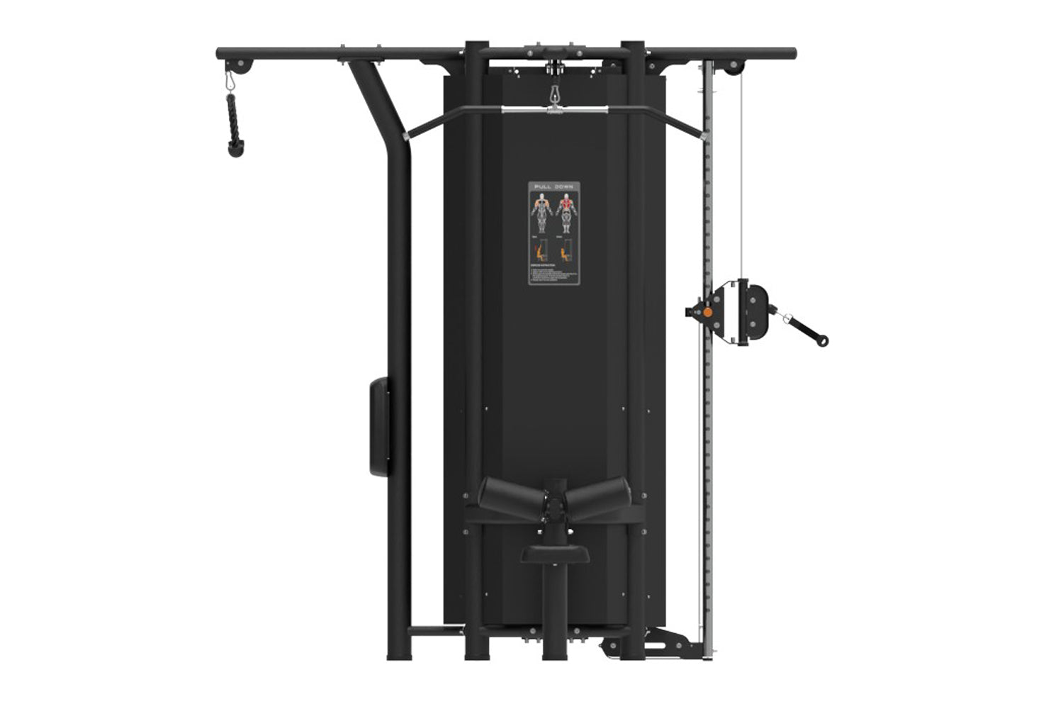 Black multi-station gym equipment with cable and pulley system, instruction diagram, and adjustable weight stack on white bac