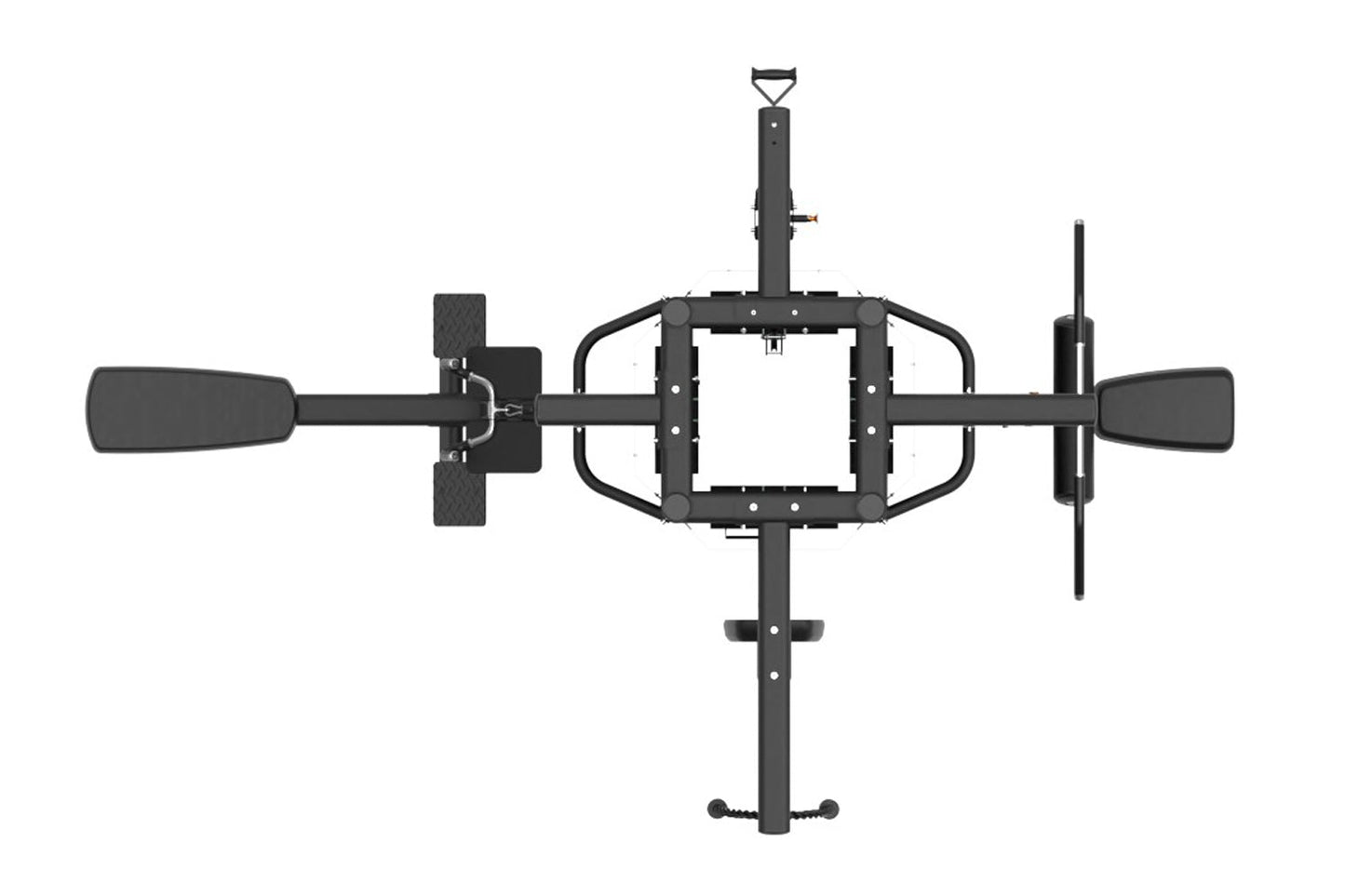 Black multi-station gym equipment with four exercise stations, viewed from above, featuring padded handles and foot plates on