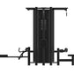 Black multi-station gym equipment with four stacked weight stations, cable machine arms, and padded leg extension seat on whi