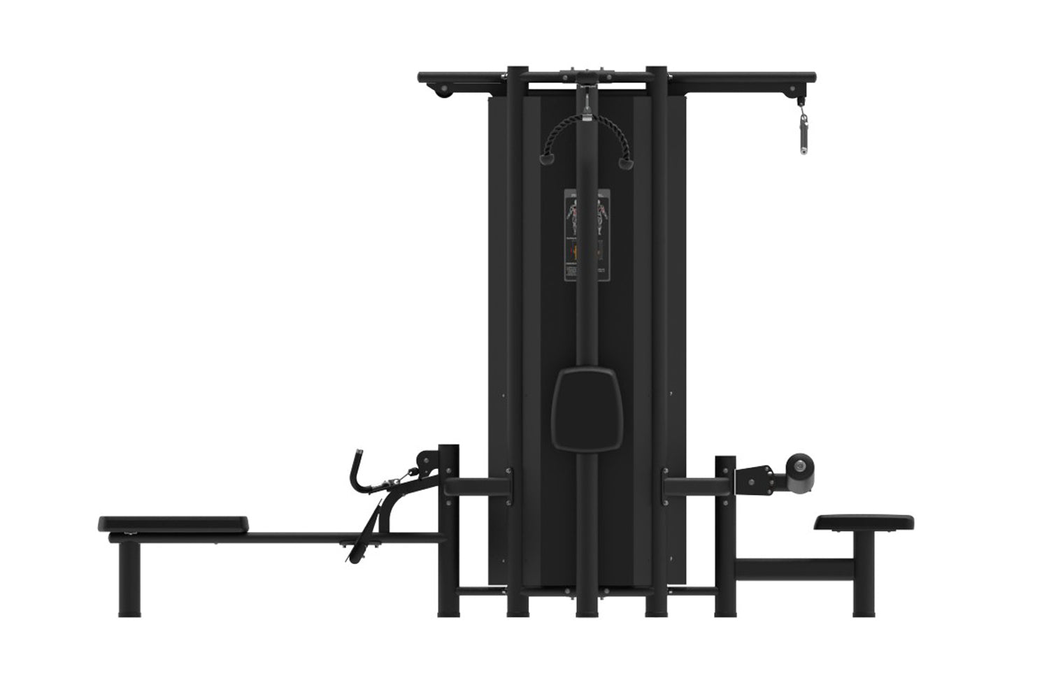 Black multi-station gym equipment with four stacked weight stations, cable machine arms, and padded leg extension seat on whi