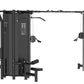 Black multi-station cable gym with five exercise stations, instruction decals, and overhead pull-up bar on white background