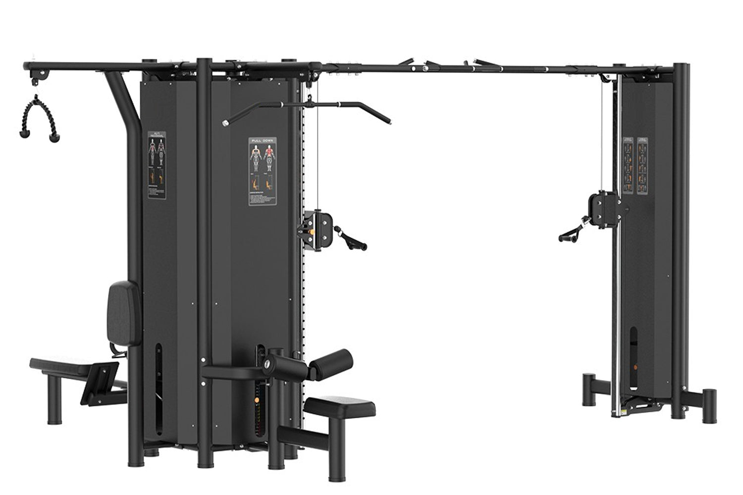 Black multi-station cable gym with five exercise stations, instruction decals, and overhead pull-up bar on white background