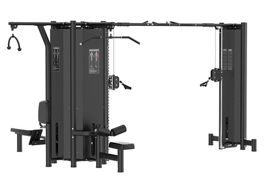 Black multi-station cable gym with five exercise stations, instruction decals, and overhead pull-up bar on white background