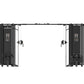 Black commercial cable machine with dual stations, suspended weight stacks, and instruction placards on white background