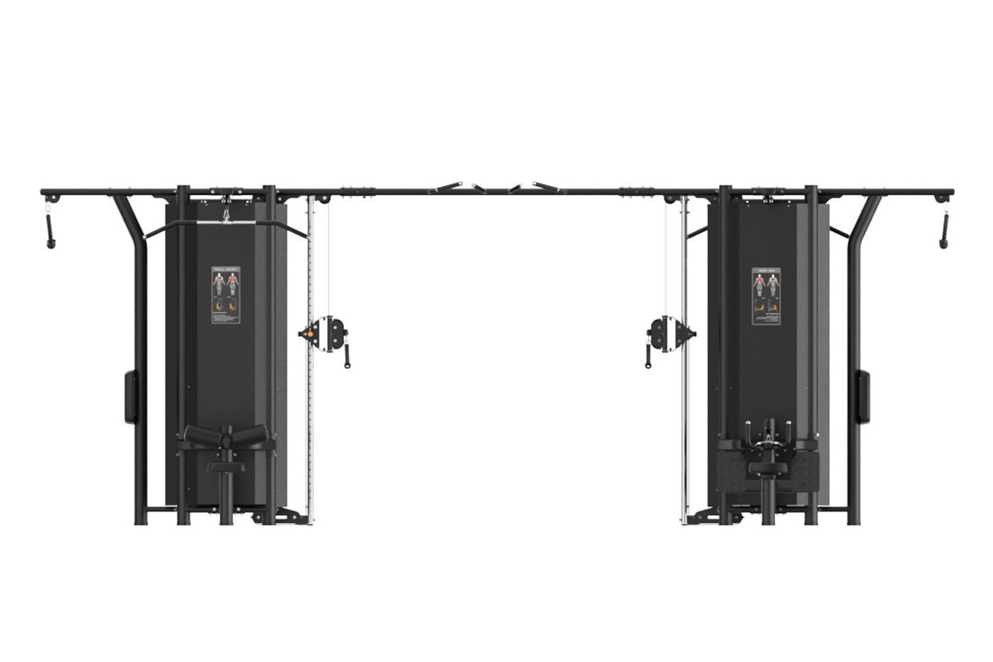 Black commercial cable machine with dual stations, suspended weight stacks, and instruction placards on white background