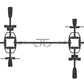Black multi-station gym equipment with dual weight stations, horizontal bar connector, and adjustable handles on white backgr