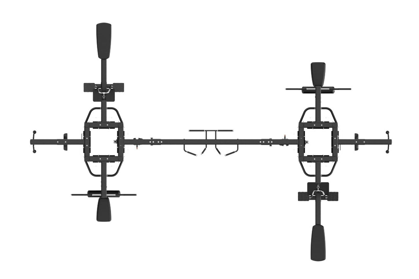 Black multi-station gym equipment with dual weight stations, horizontal bar connector, and adjustable handles on white backgr