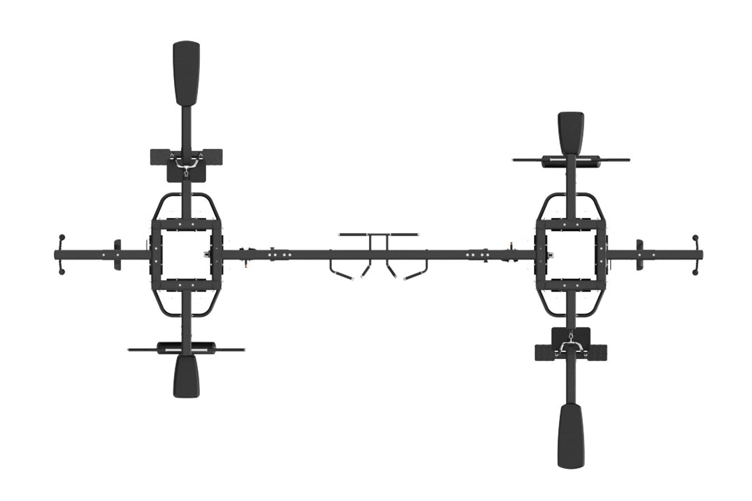 Black multi-station gym equipment with dual weight stations, horizontal bar connector, and adjustable handles on white backgr