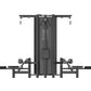 Black multi-station gym equipment with eight weight stacks, dual cable pulleys, and overhead pull-down bar on white backgroun