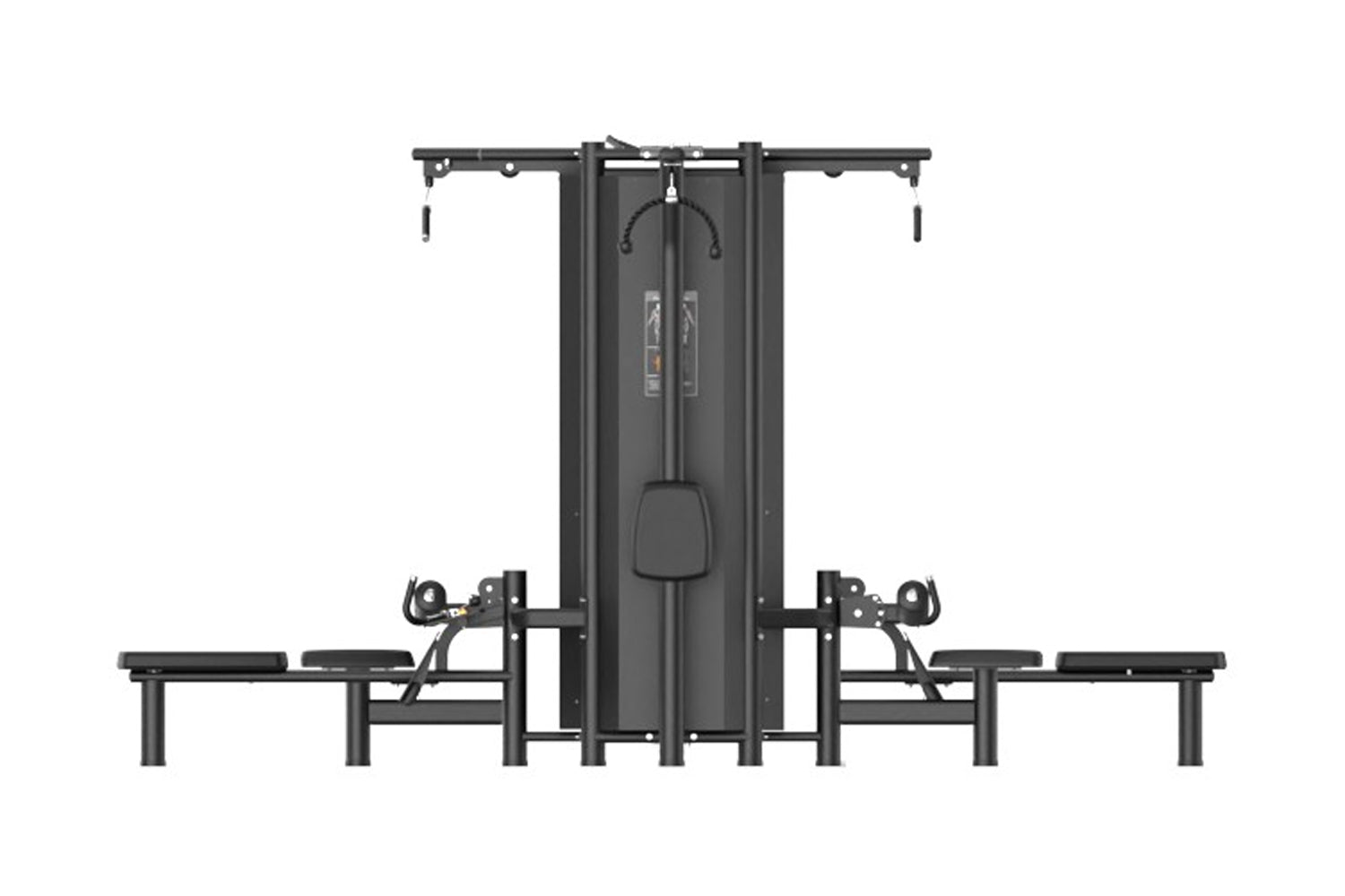 Black multi-station gym equipment with eight weight stacks, dual cable pulleys, and overhead pull-down bar on white backgroun