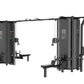 Black multi-station gym equipment with eight exercise stations, cable machines, and pull-down attachments on white background