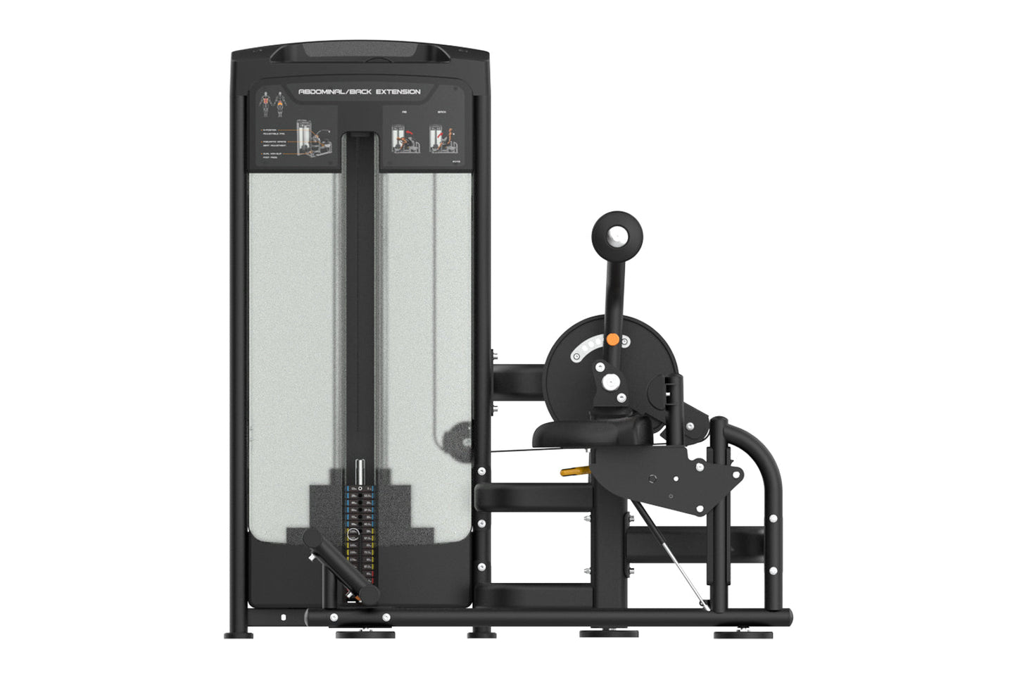 Black and gray commercial abdominal/back extension machine with dual padded seats, control panel, and lever-operated resistan