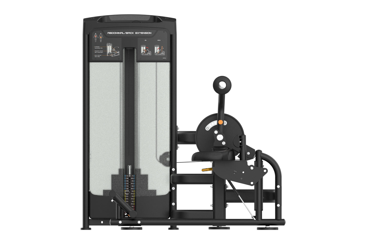 Black and gray commercial abdominal/back extension machine with dual padded seats, control panel, and lever-operated resistan