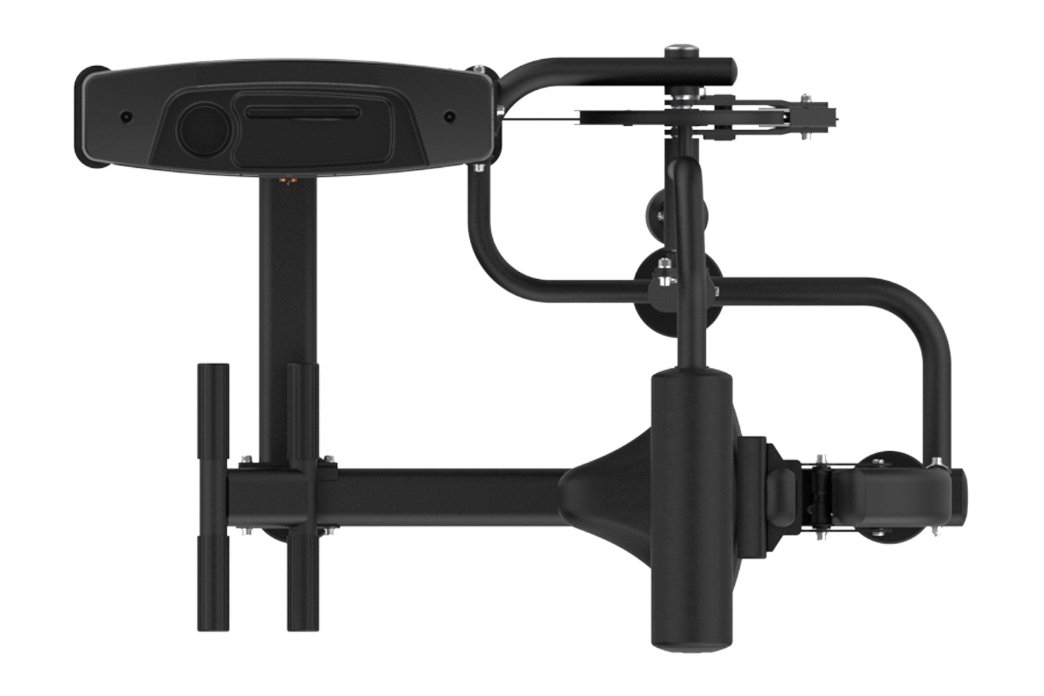 Black dual-function abdominal and back extension machine with padded seat, adjustable backrest, and handlebar controls on whi