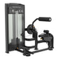 Black and gray commercial abdominal/back extension machine with control panel, padded seat, footrest, and lever arm on white 