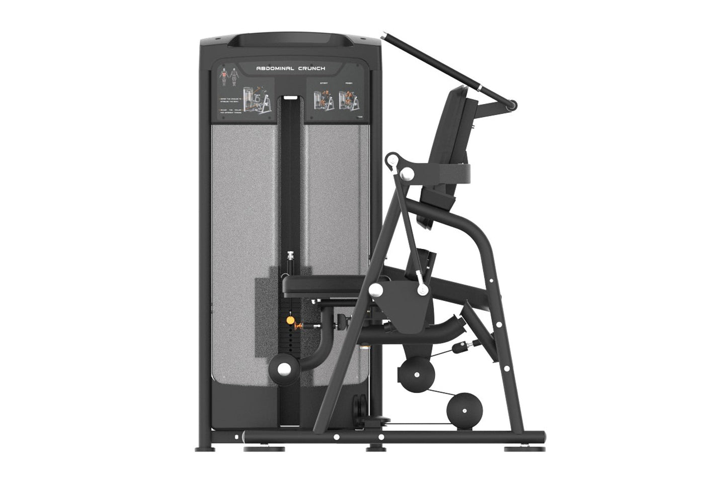 Black and gray Abdominal Crunch commercial gym machine with digital display screen and instruction graphics on white backgrou
