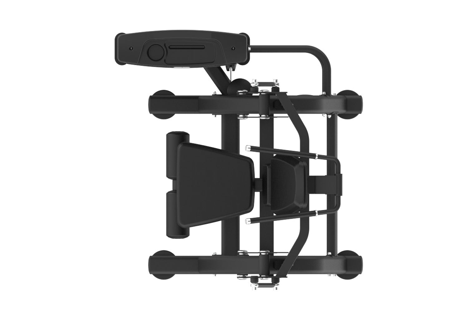Black commercial abdominal crunch machine with padded arm supports, leg extension platform, and control panel on white backgr