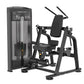 Black commercial abdominal crunch machine with padded seat and backrest, instruction panel, and foot platform on white backgr