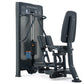 Black commercial abductor/adductor machine with padded seat, leg pads, and control panel on white background