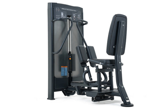 Black commercial abductor/adductor machine with padded seat, leg pads, and control panel on white background
