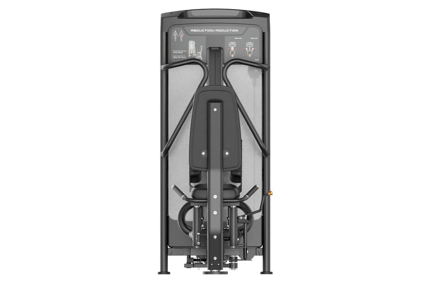 Black and gray commercial abductor/adductor machine with padded leg pads and instruction panel, viewed from front on white ba