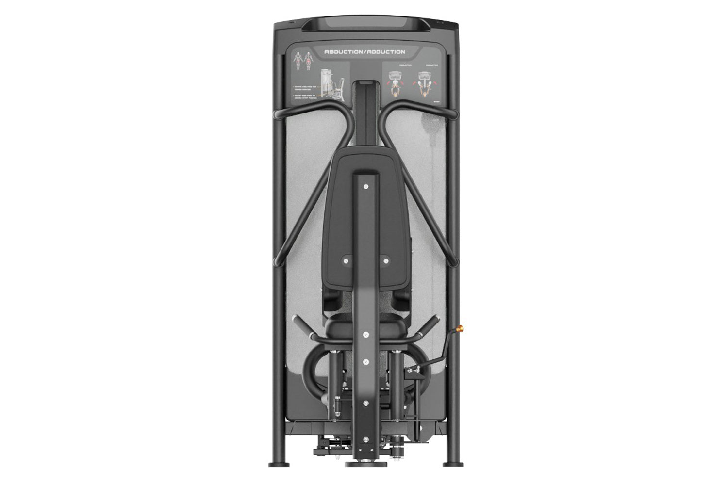 Black and gray commercial abductor/adductor machine with padded leg pads and instruction panel, viewed from front on white ba