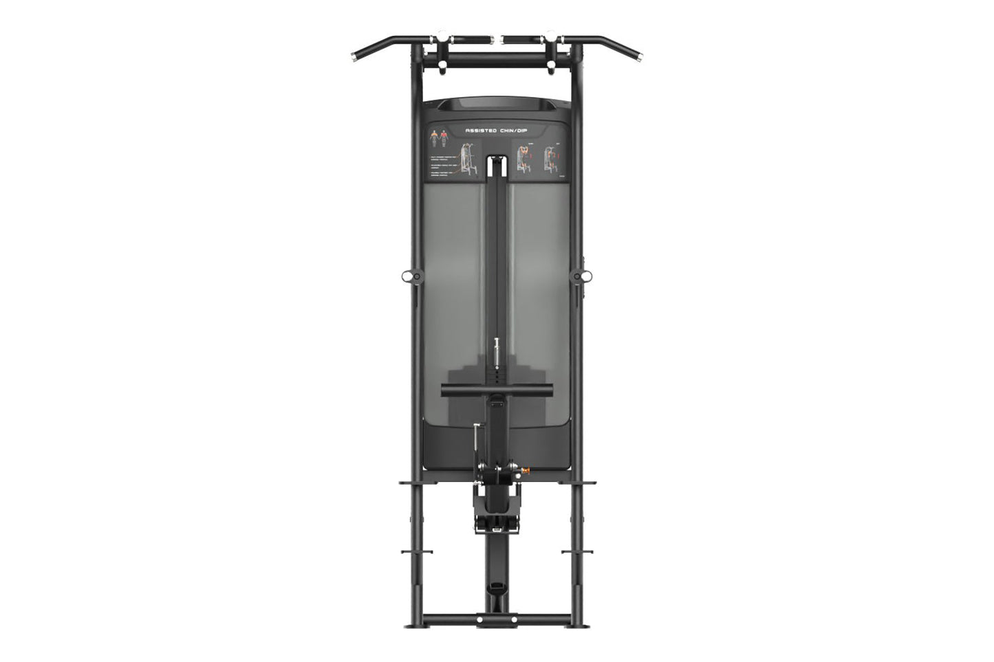 Black commercial assisted chin/dip machine with dual gray panels, overhead bar, and foot platform on white background