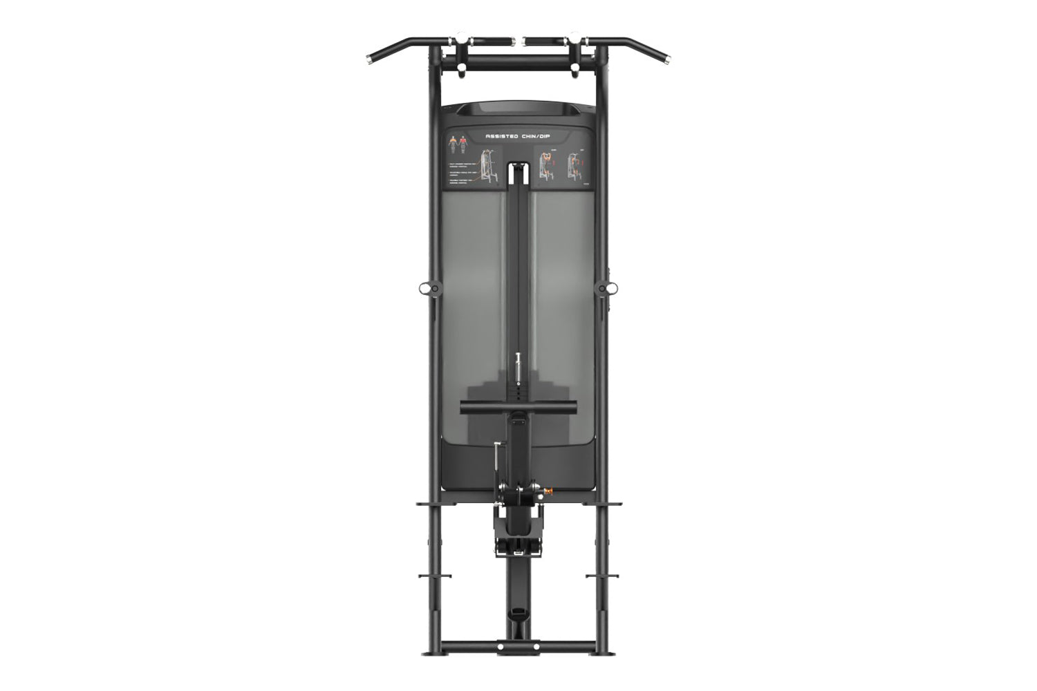 Black commercial assisted chin/dip machine with dual gray panels, overhead bar, and foot platform on white background