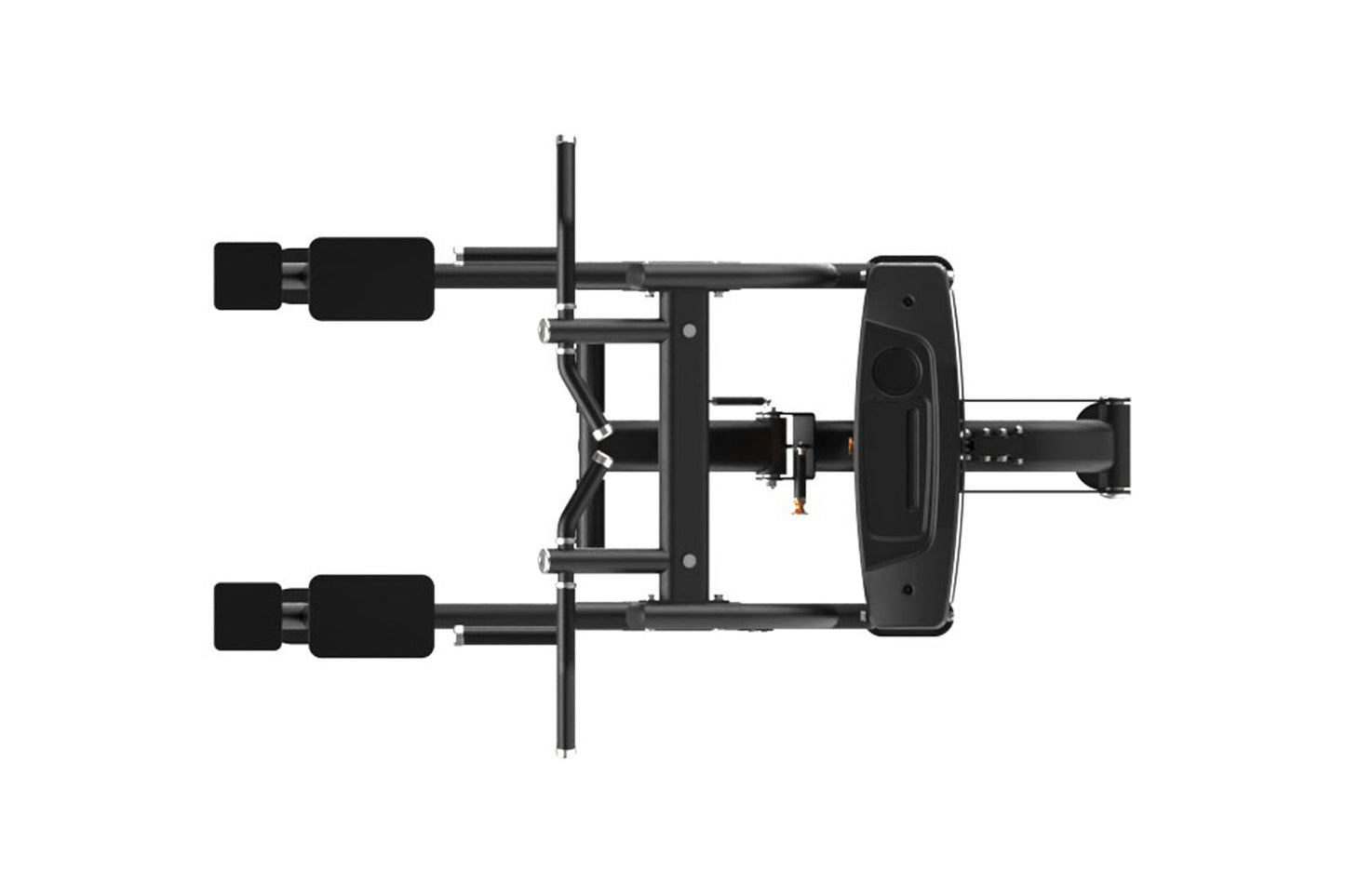 Black assisted chin dip machine with dual weight stacks, horizontal bar, and footpad support on white background